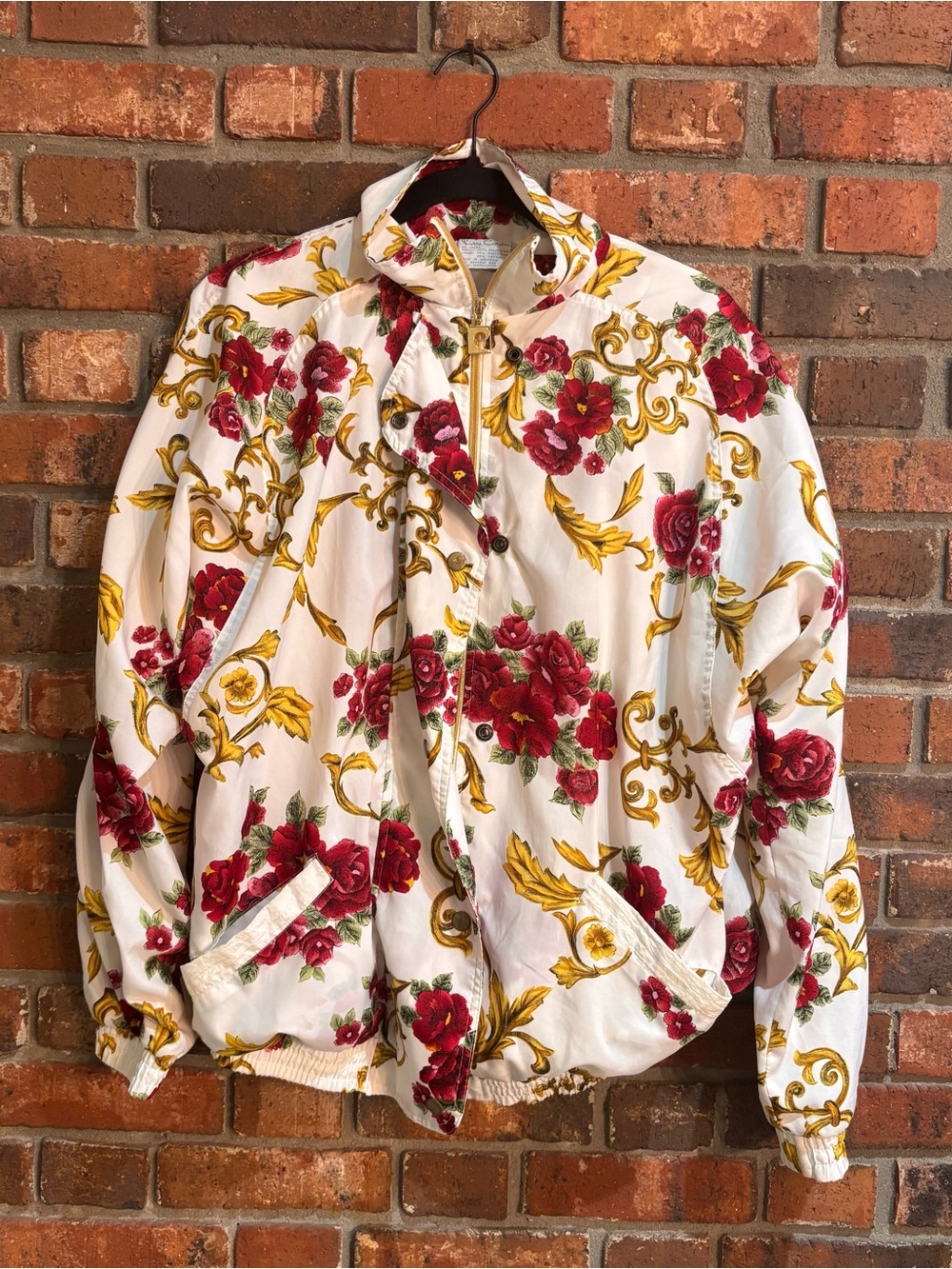 VTG Pierre Cardin womens baroque floral bomber jacket cream/red XL